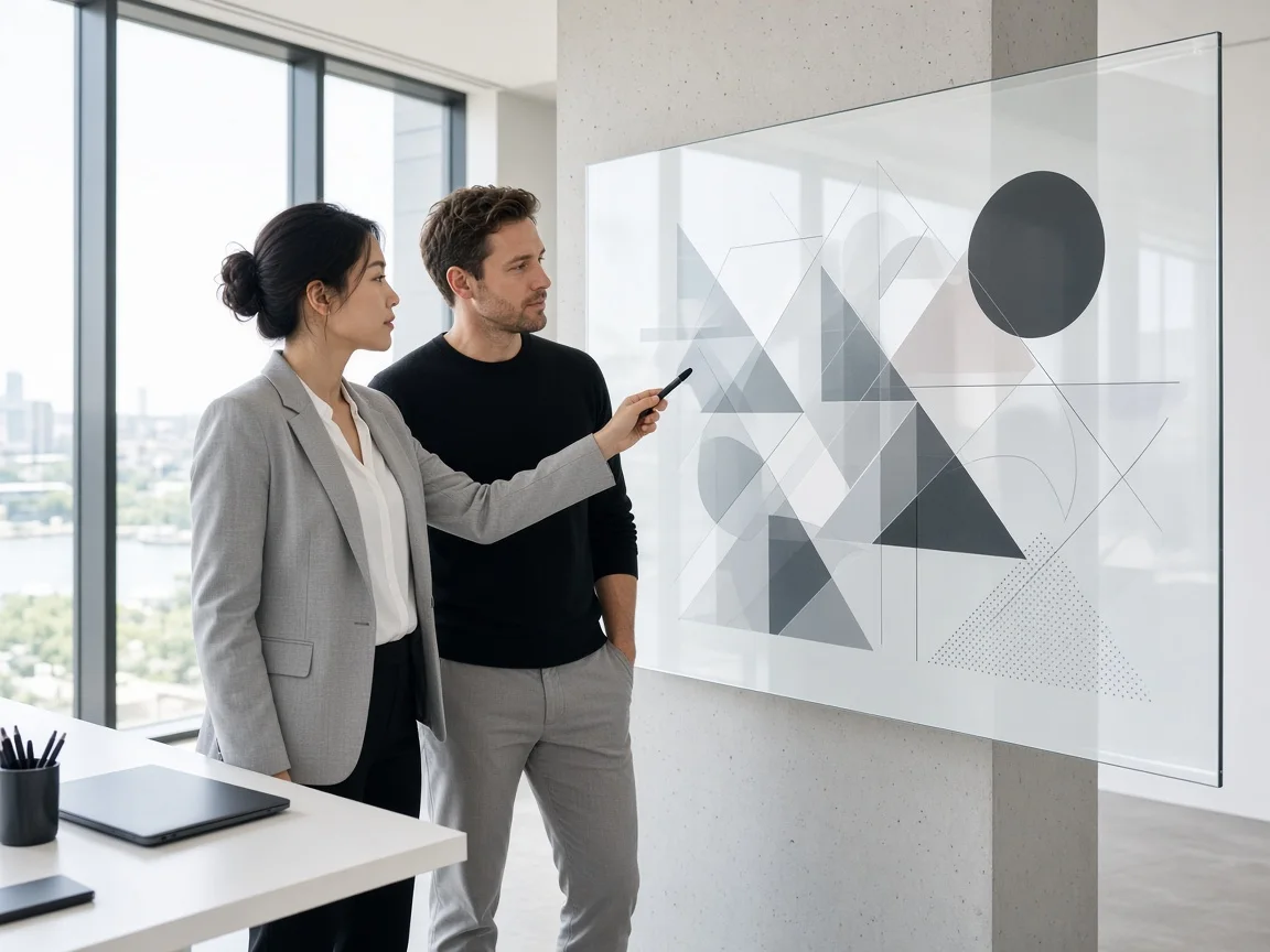 Modernes Markenteam im hellen Studio bei der gemeinsamen Arbeit an einer digitalen Präsentation