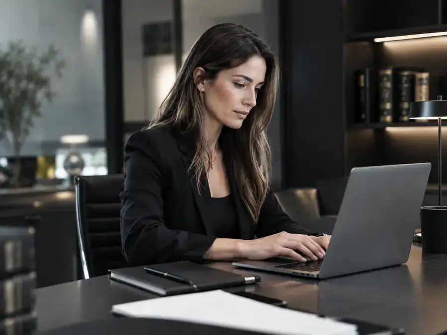 Kollegen im modernen Kanzlei-Büro im gemeinsamen Gespräch am Schreibtisch